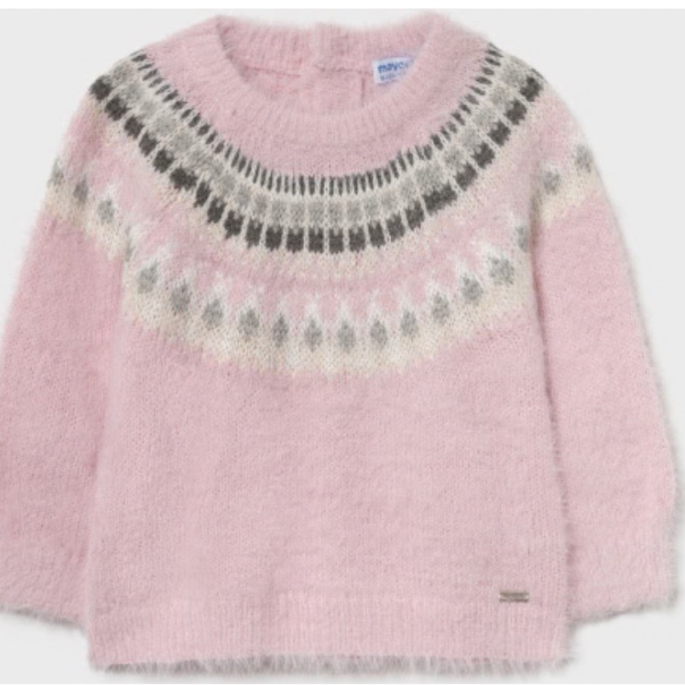 Mayoral Pink Gray White Fair Isle Patterned Sweater Soft Fuzzy 24 Months Crew
